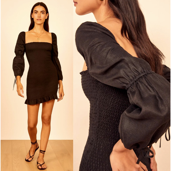 Reformation M Hilary 100% Linen Mini Dress Long Sleeve Bodycon Square Neck Black - Picture 1 of 8